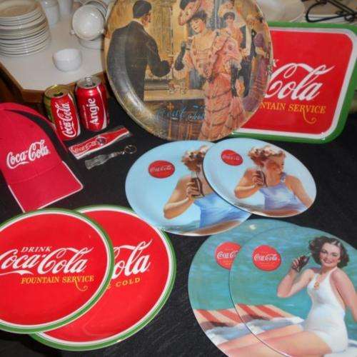 COCA COLA COLLECTABLES  -  CAP / TRAYS / PLATES / MINIATURE KEY RING / EMPTY LIMITED EDITION CANS